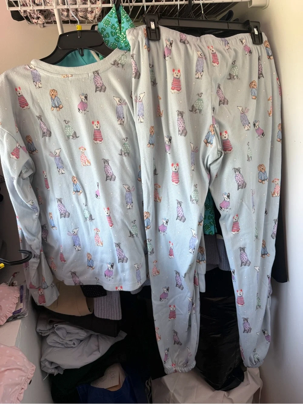 PJ Salvage Light Blue Dog Print Pajama Set with Pink Drawstring size small